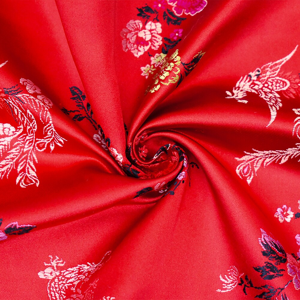Red-Black-Multi Polyester Floral Dragon Chinese Brocade Woven Fabric By the Yard
