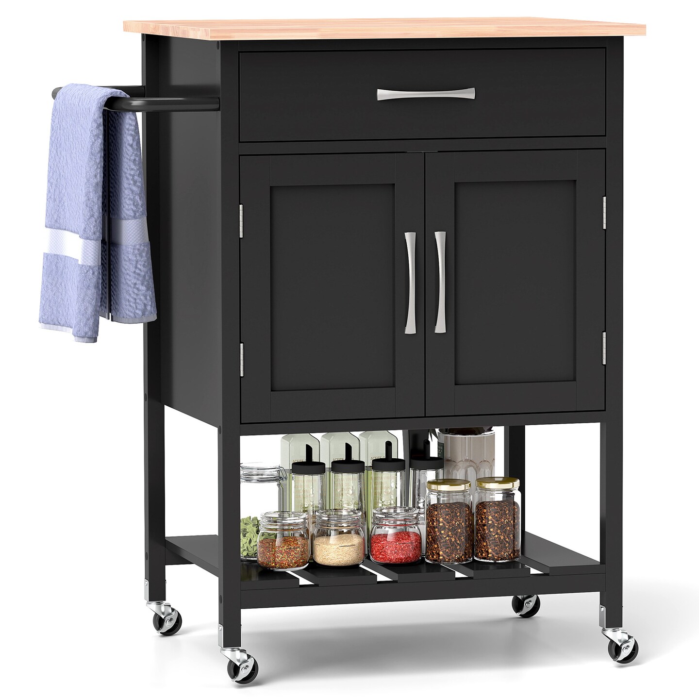 Rolling Kitchen Island Cart with Storage Cabinet Pull-Out Drawer Bottom Tray and Smooth Casters