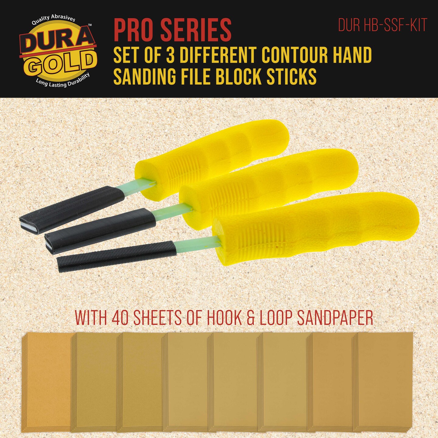 Dura-Gold Set of 3 Different Contour Hand Sanding File Block Sticks with 40 Sheet Hook &#x26; Loop Sandpaper Kit - Flat Convex Radius Profile Shapes