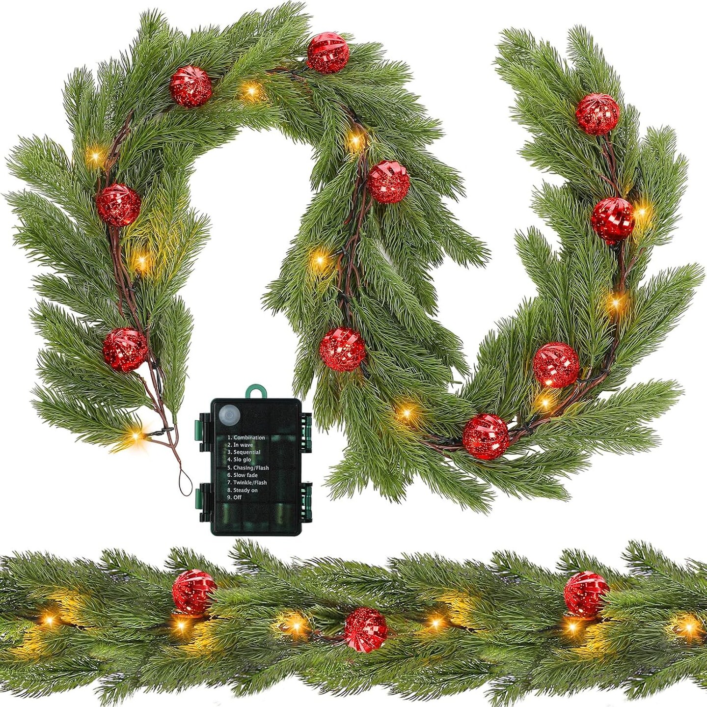 2 Pcs 12.4ft Pre Lit Christmas Cedar Garland with 20 LED Lights (Red)