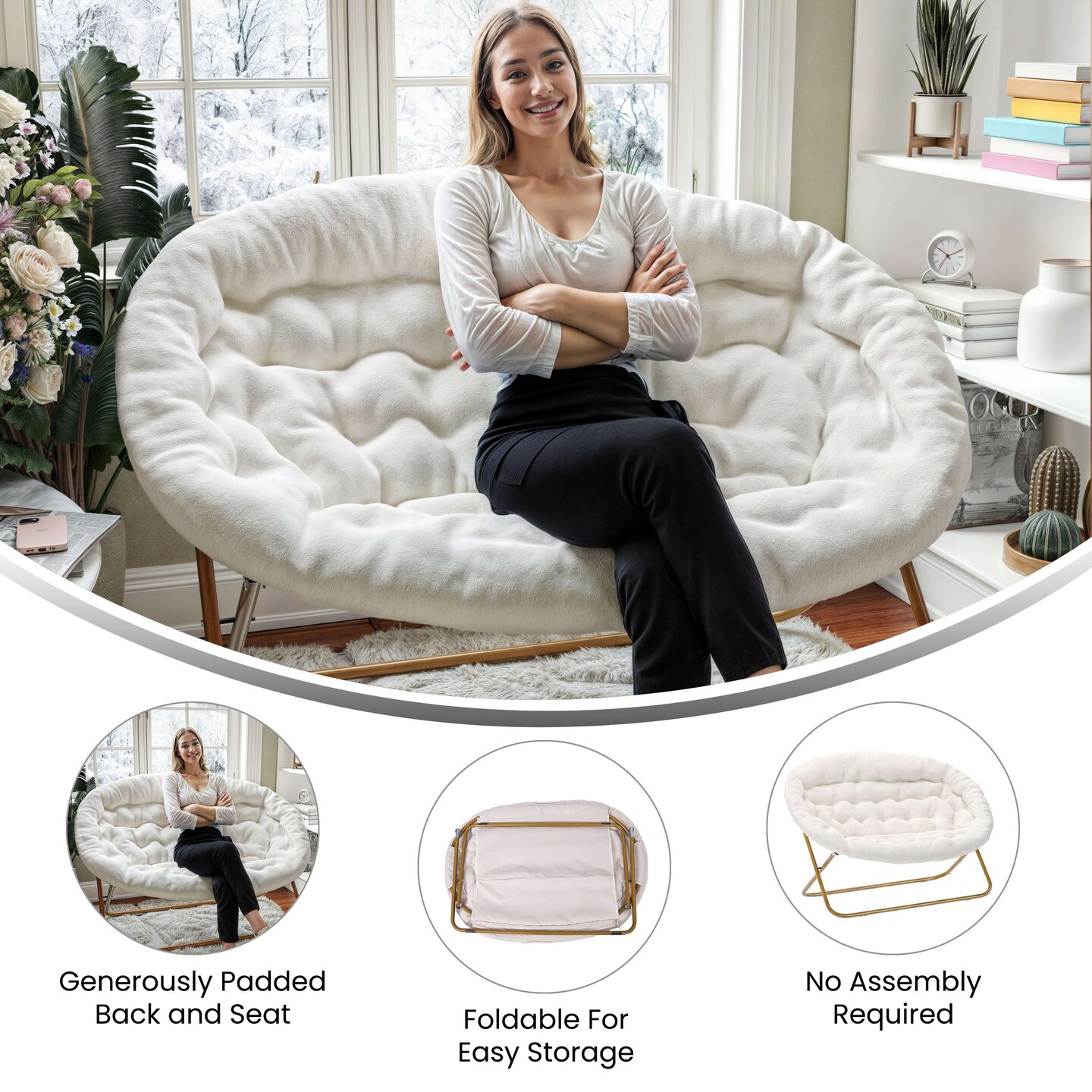 Emma and Oliver Janey Folding Double Saucer Chair with Steel Frame for Dorm, Living Room, or Bedroom
