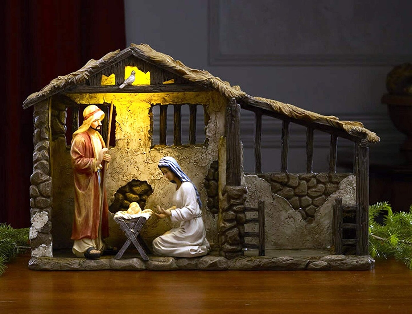 7 Inch Real Life Nativity Set - Includes All People, Lighted Manger, Chest Of Gold, Frankincense &#x26; Myrrh