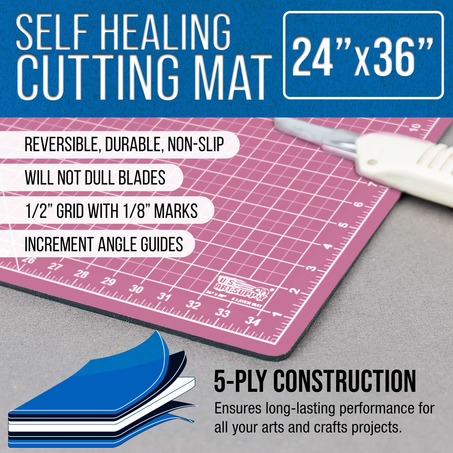 24&#x22; x 36&#x22; Self-Healing Cutting Mat 5-Ply - Double-Sided Pink/Blue Craft Mat, Non-Slip Cutting Mats for Crafts, Sewing, Quilting, Scrapbooking