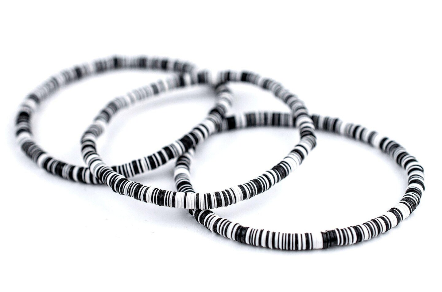 The Bead Chest Boho Stretch Bracelet, Black & White - Stackable African Vinyl Heishi, Unisex for Men & Women