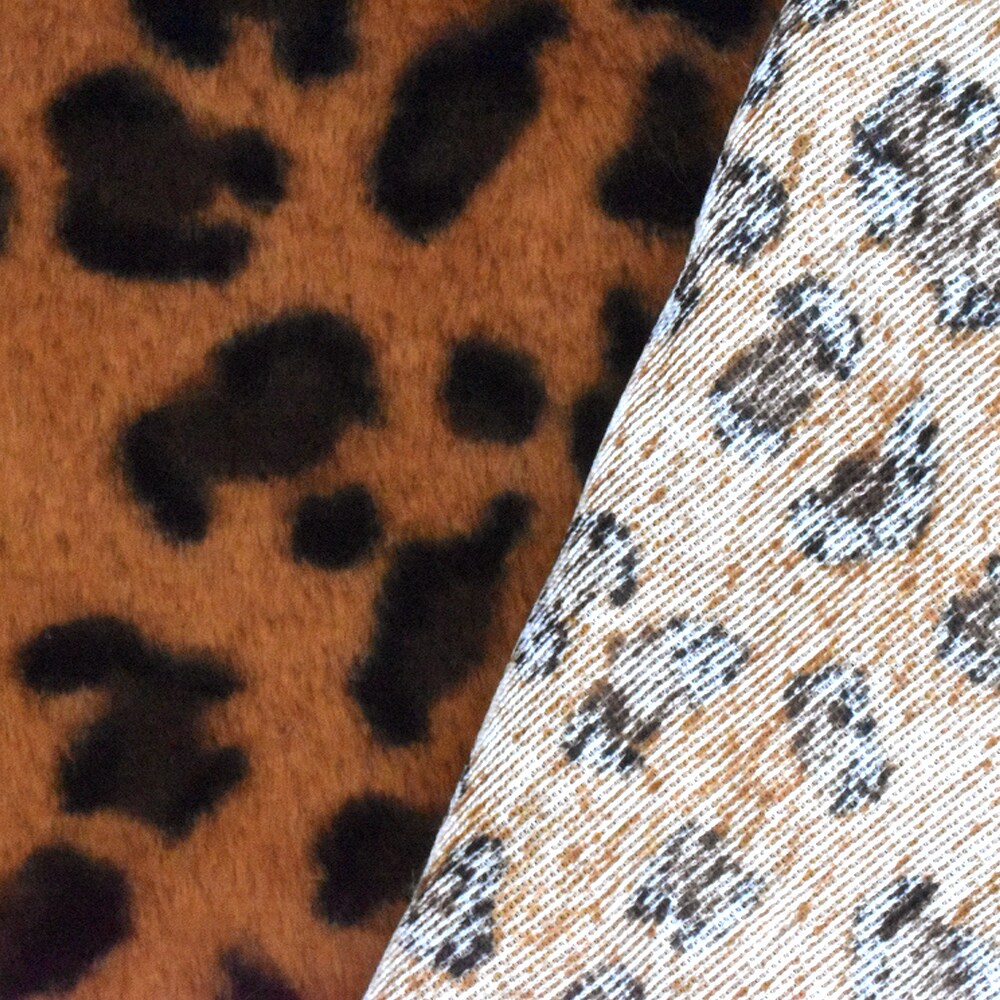 Earth Orange-Black-Brown Leopard Printed Faux Fur Stretch Knit Fabric By the Yard