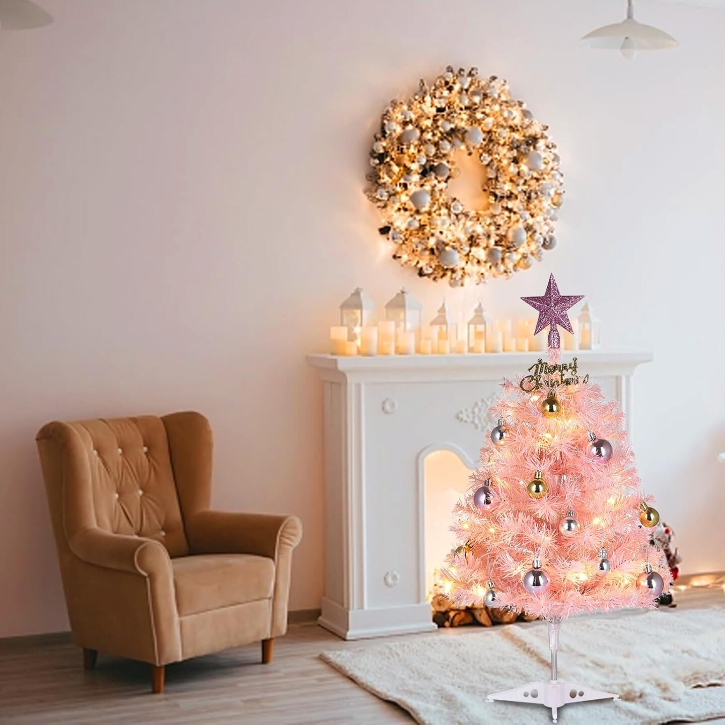 , Artificial Small Desktop Xmas Tree with Lights and Tree Ornaments (Pink) 6.89&#x22;D x 3.94&#x22;W x 16.93&#x22;H