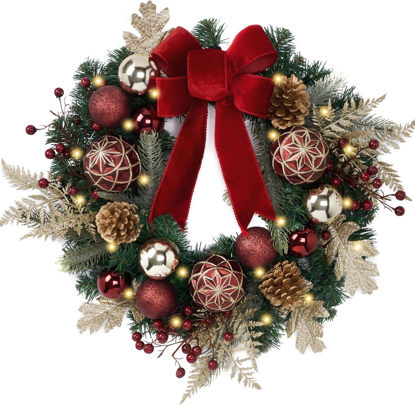20'' Pre-Lit Christmas Wreath for Front Door with Lights (Red/Gold) 4"D x 20"W x 20"H