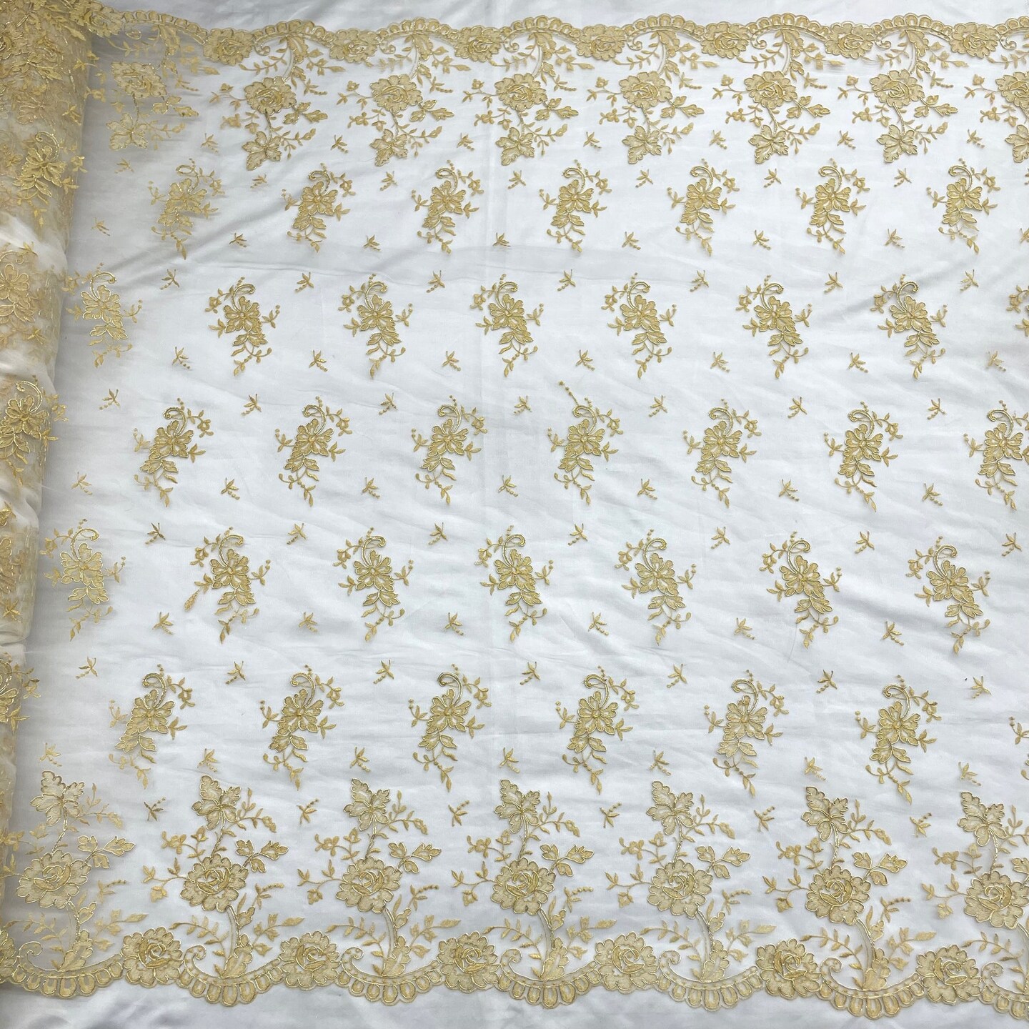 1 Yard Corded Bridal Lace Fabric Embroidered on Polyester Net Mesh for Elegant Wedding and Evening Gowns – 54"