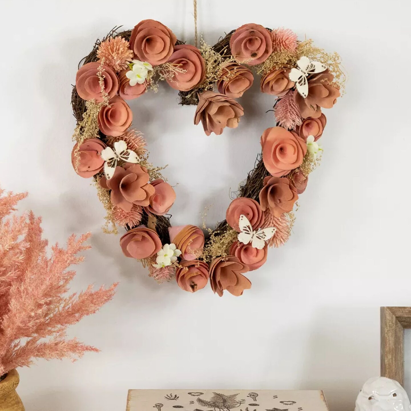 10" Pink Wooden Heart Wreath with Roses and Butterflies Spring Floral Wall Decor