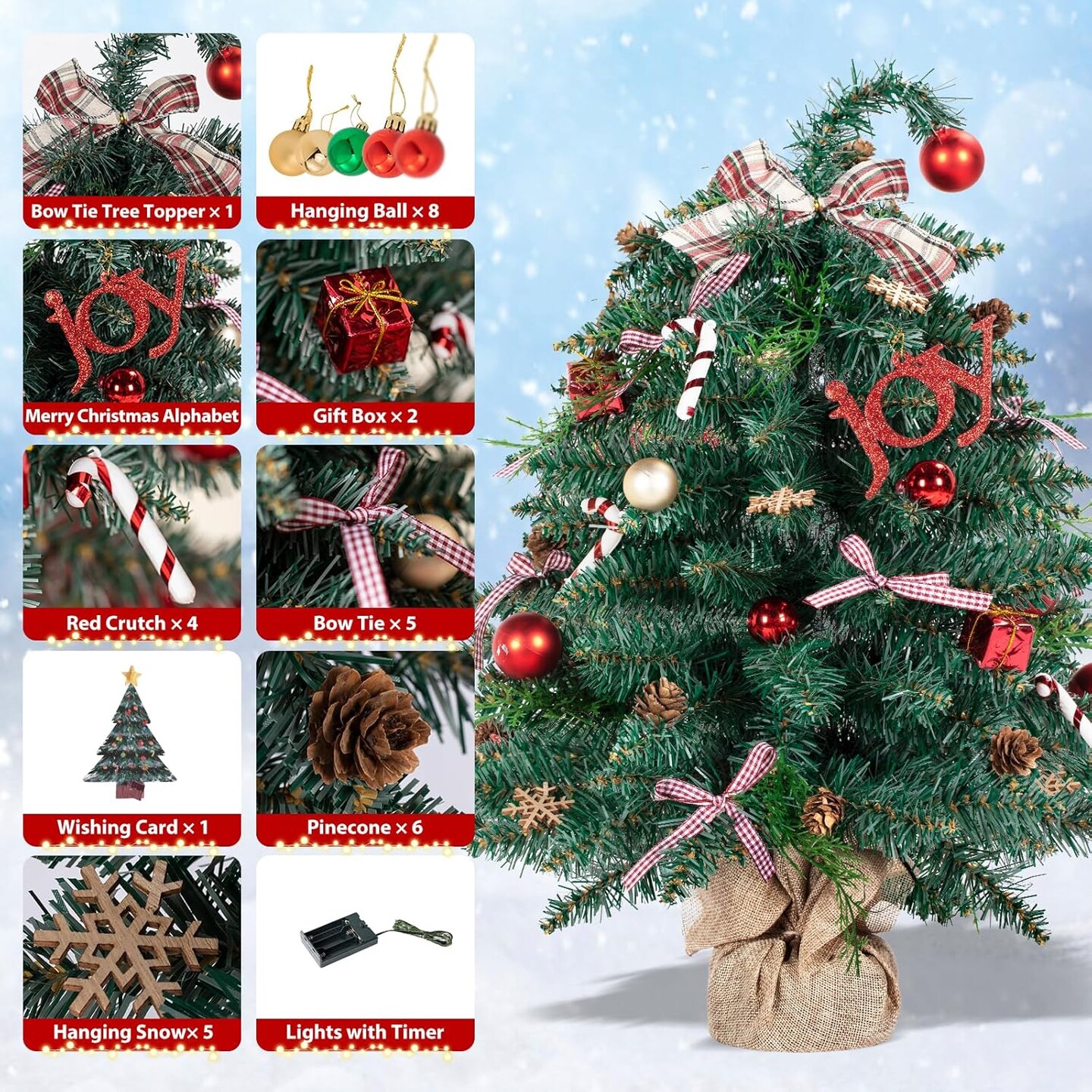 24 Inch Mini Christmas Tree with Lights and Timer (Classic Red) 15&#x22;D x 15&#x22;W x 24&#x22;H