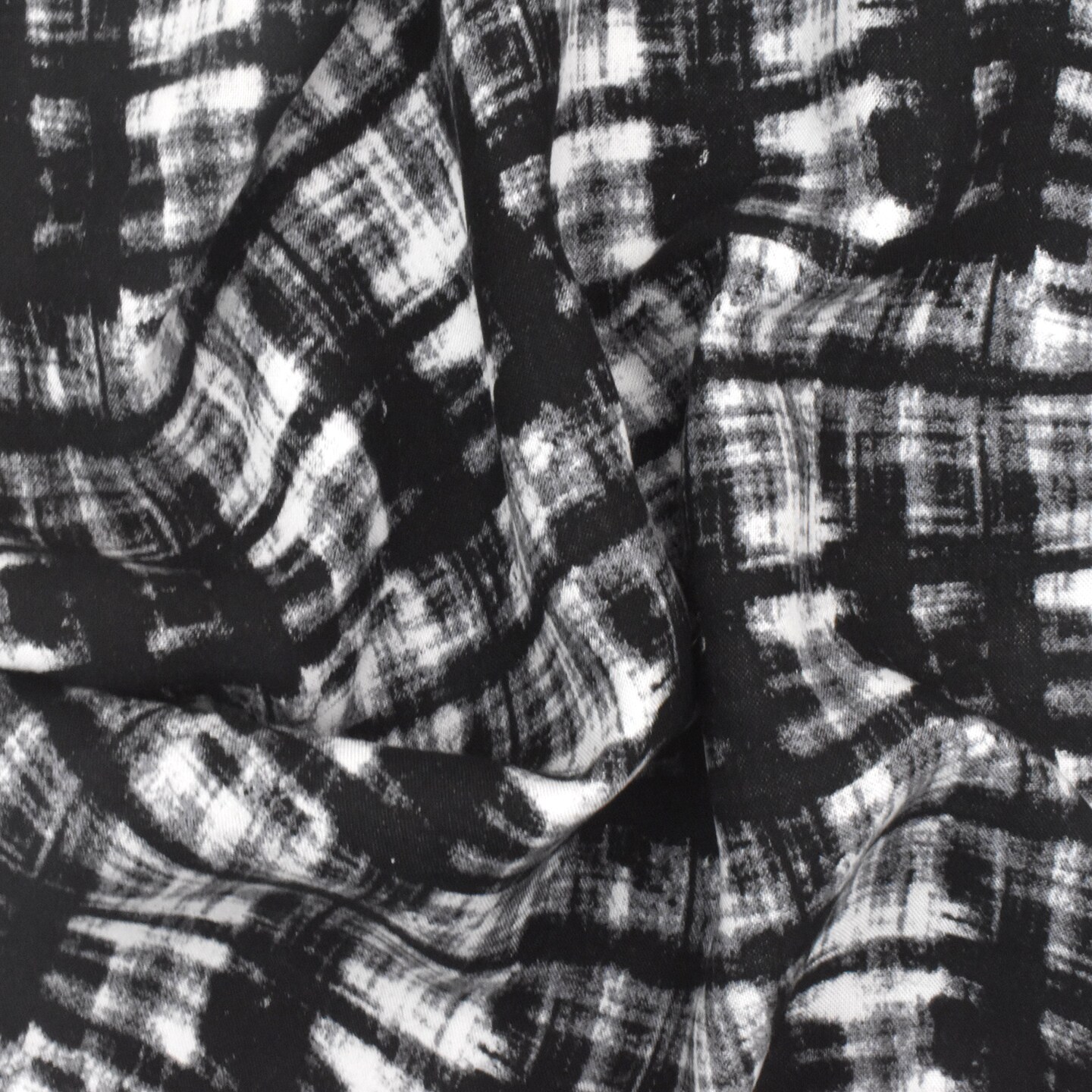 Black-White-Gray Abstract Cross Hatch Printed Challis Fabric By the Yard