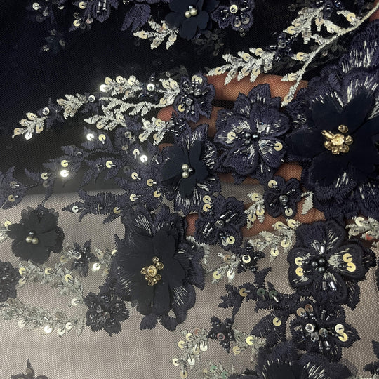 1 Yard Beaded 3D Floral Lace Fabric Embroidered 100 Percent Polyester Net Mesh 51 inch Width