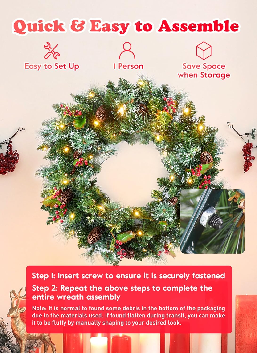 50 LED Christmas Wreaths with Pinecones (Green) 6&#x22;D x 24&#x22;W x 24&#x22;H