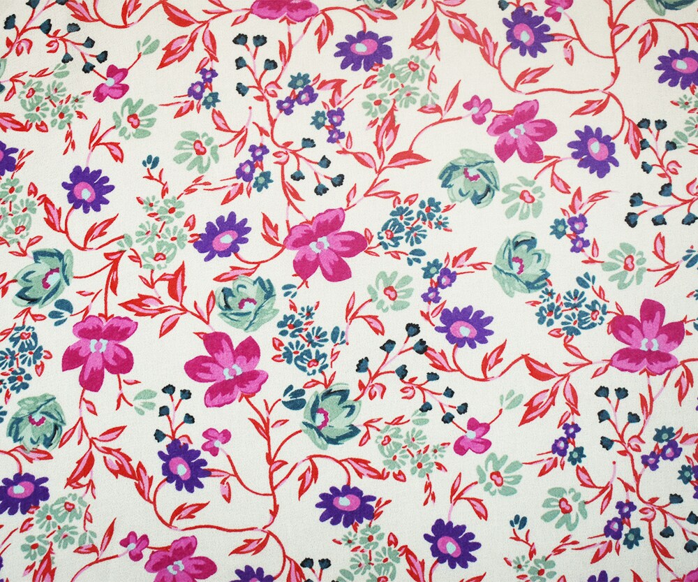 Ivory-Pink-Multi Floral Printed Poly Chiffon Woven Fabric By the Yard