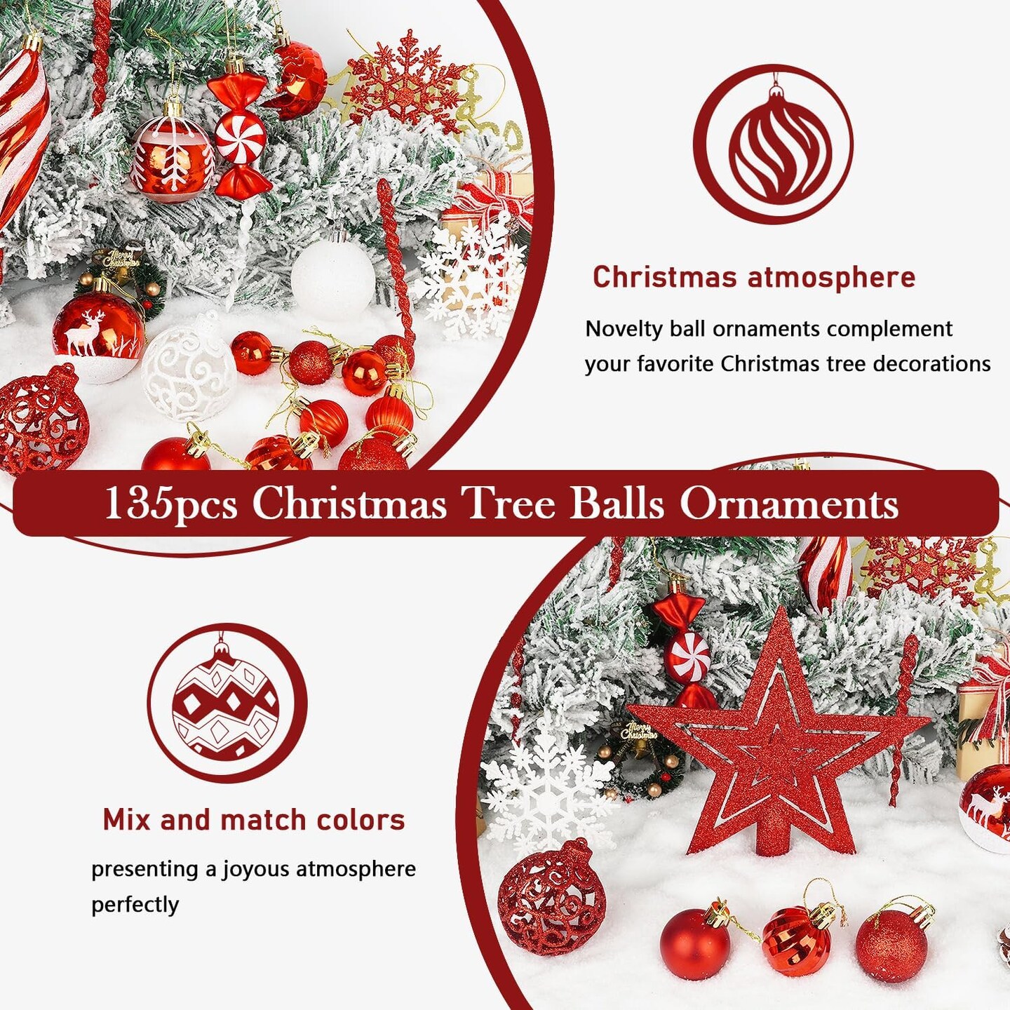 135 Pcs Christmas Ball Ornaments Set (Red)