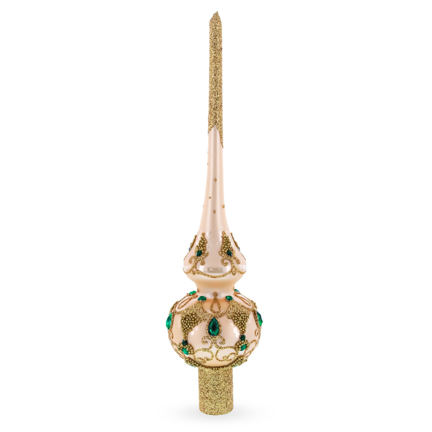 Gold Scrolls Emerald Green Jewels on Pearl White Glass Christmas Tree Topper 11 Inches