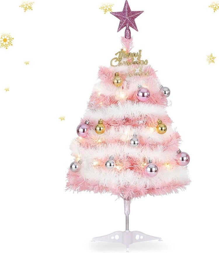 , Artificial Small Desktop Xmas Tree with Lights and Tree Ornaments (Pink) 6.89&#x22;D x 3.94&#x22;W x 16.93&#x22;H