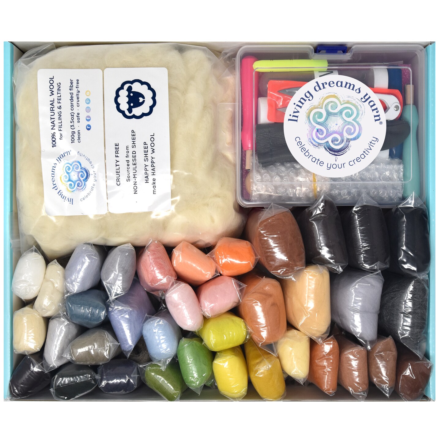 Extra Large Needle Felting Starter Kit Includes 36 Neutral Animal Wool Colors, 100G Core Wool, 50 Needles and Tools, Text and Video Guide. Craft Kit for Beginners, Kids and Adults