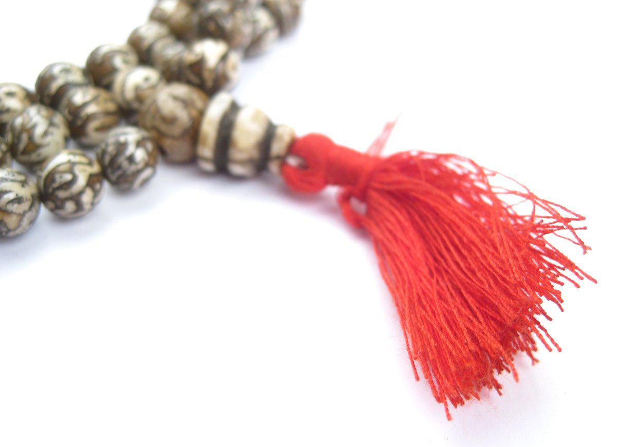 The Bead Chest Patterned Bone Mantra Mala Beads 8mm Nepal Brown Round 36 Inch Strand