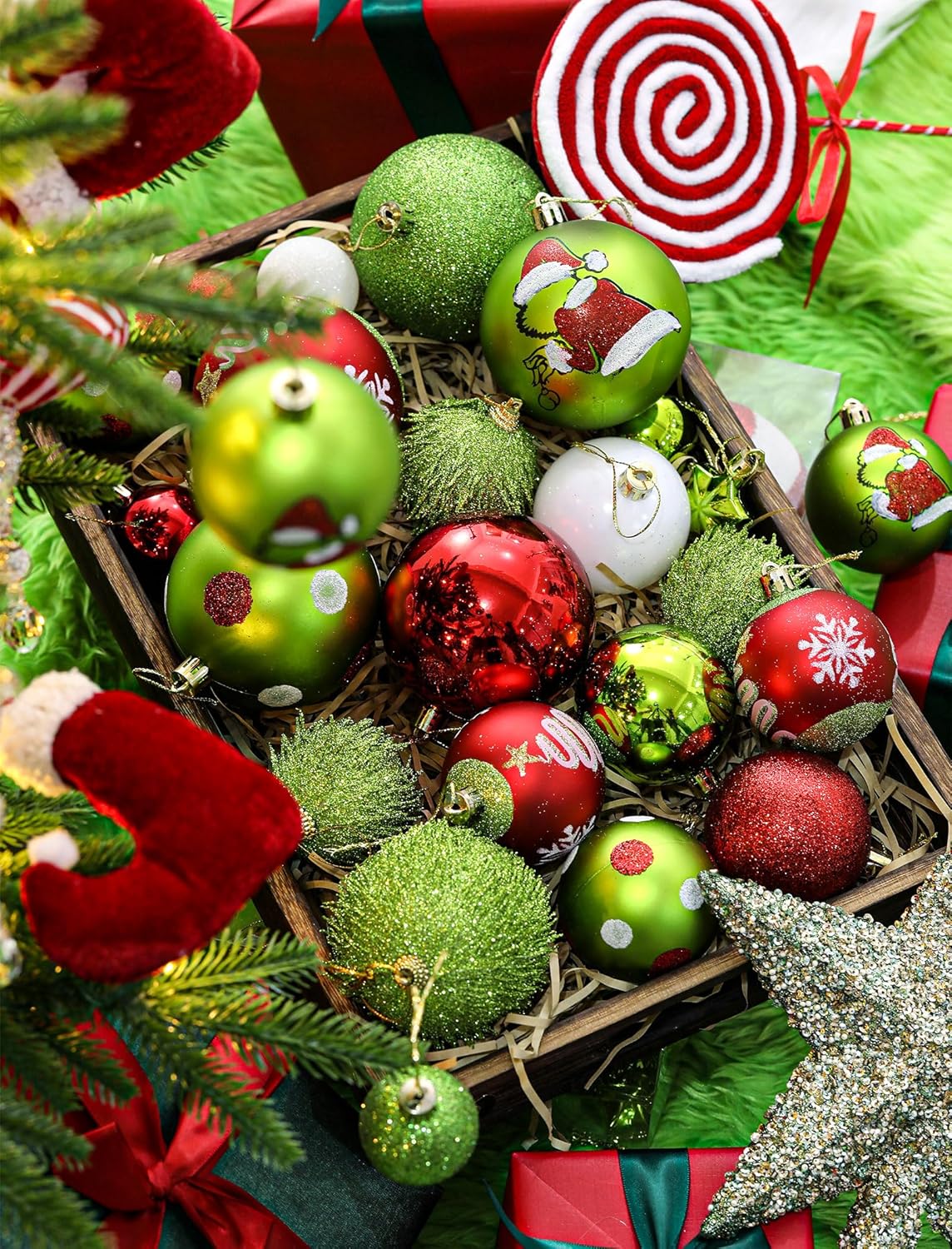 34 Pcs Christmas Ball Ornaments (Lime Green Red and White)