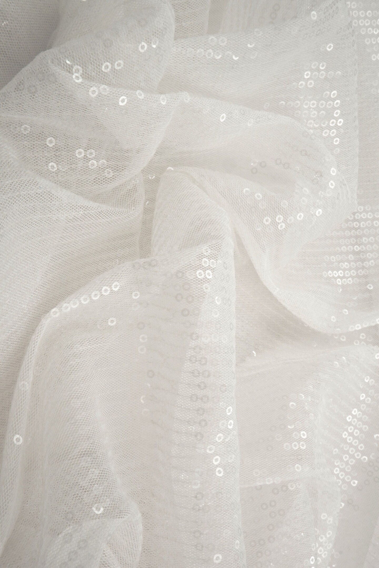 1 Yard Ivory Embroidered Sequin Mesh Stretch Fabric, Polyester Spandex Blend