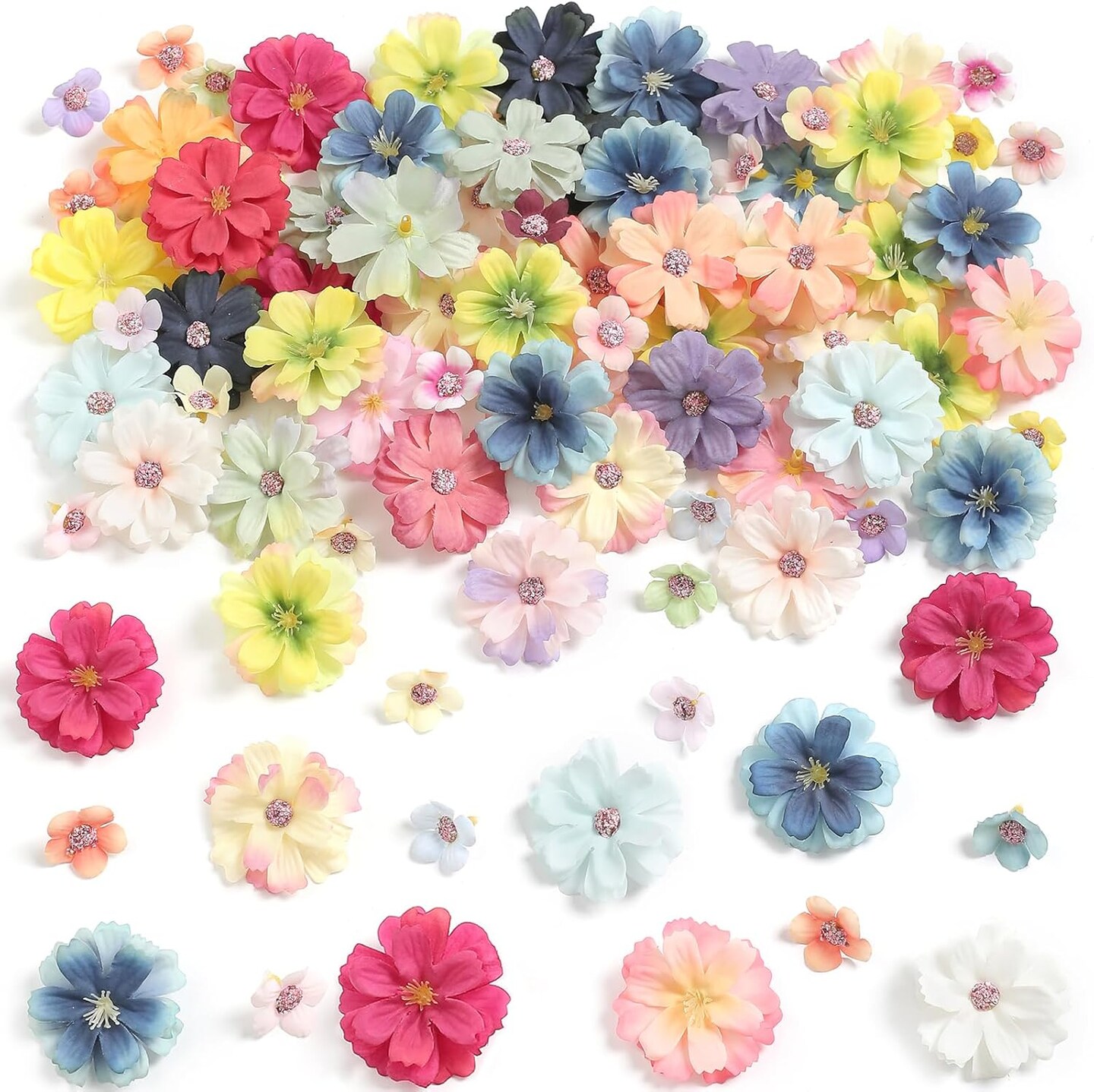 90 Pcs Mini Artificial Silk Flower Heads - Multicolor Peony, Daisy