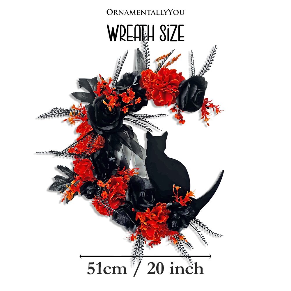 Crescent Moon Floral Black Cat Wreath, 20&#x22; Black and Orange Halloween Door Decoration