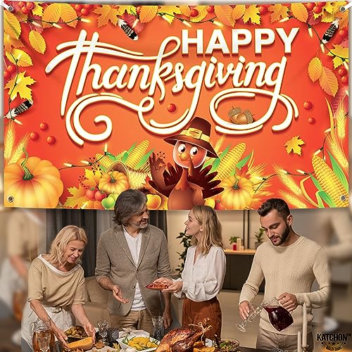 KatchOn, Happy Thanksgiving Banner - XtraLarge, 72x44 Inch | Happy Thanksgiving Backdrop for Thanksgiving Decorations | Thanksgiving Party Decorations, Fall Decorations | Thanksgiving Wall Banner