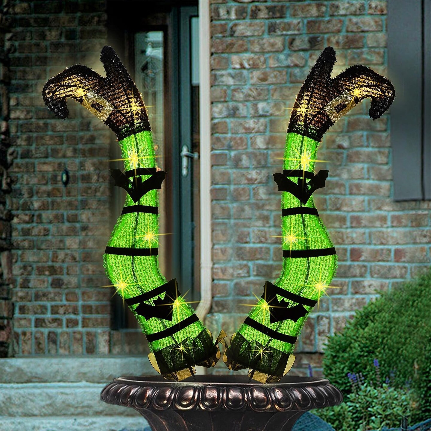 Set of 2 Halloween Lighted Wicked Green Witch Legs Stake with Bats