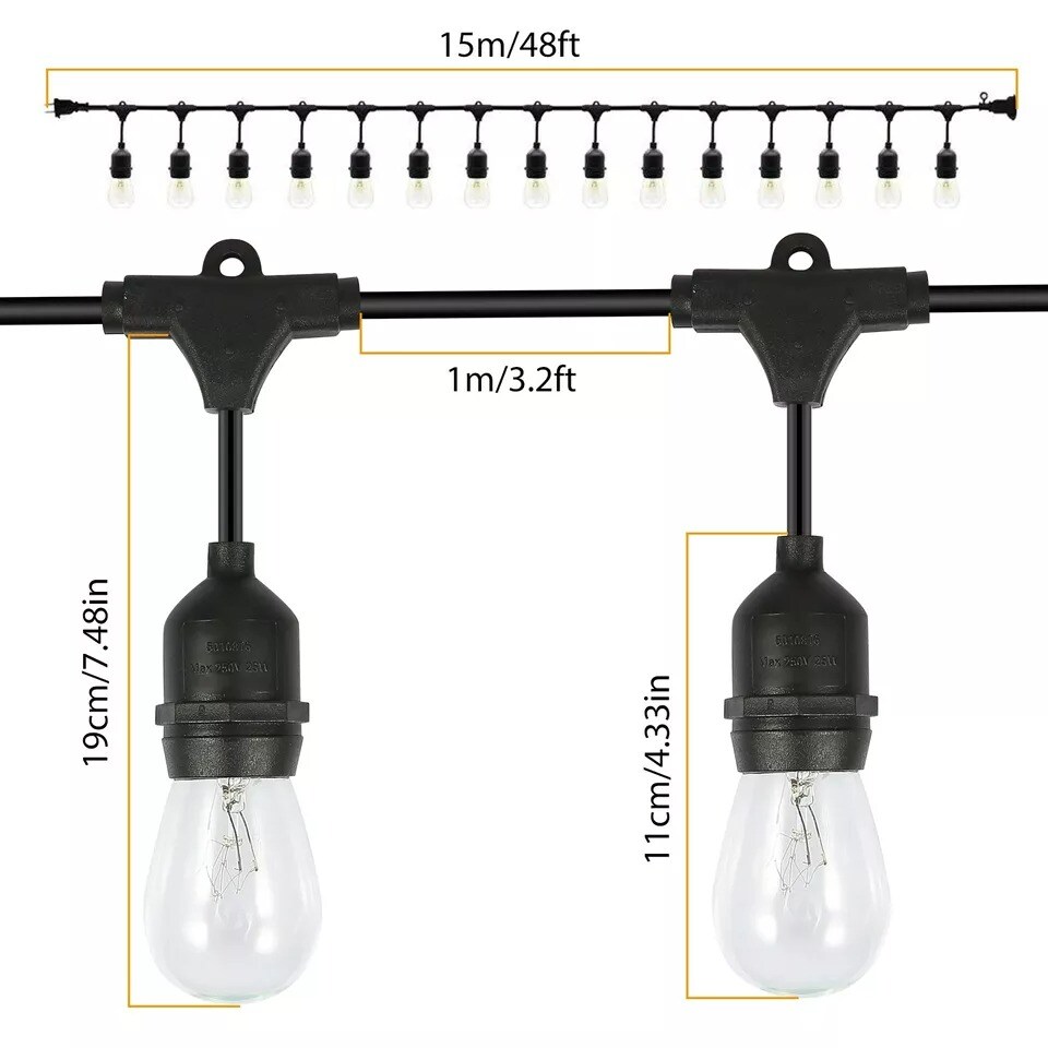 48FT Outdoor String Light Patio Vintage Edison Bulbs Hanging Socket Waterproof