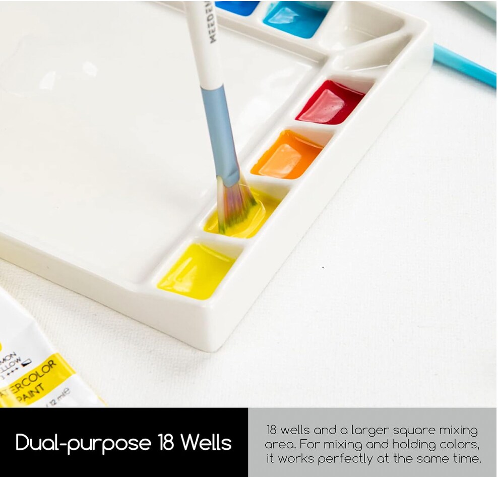 MEEDEN 18-Well Porcelain Artist Paint Palette, Mixing Art Ceramic Watercolor Paint Palette for Watercolor Gouache Acrylic Oil Painting, Rectangle 8 by 5-1/2-Inch