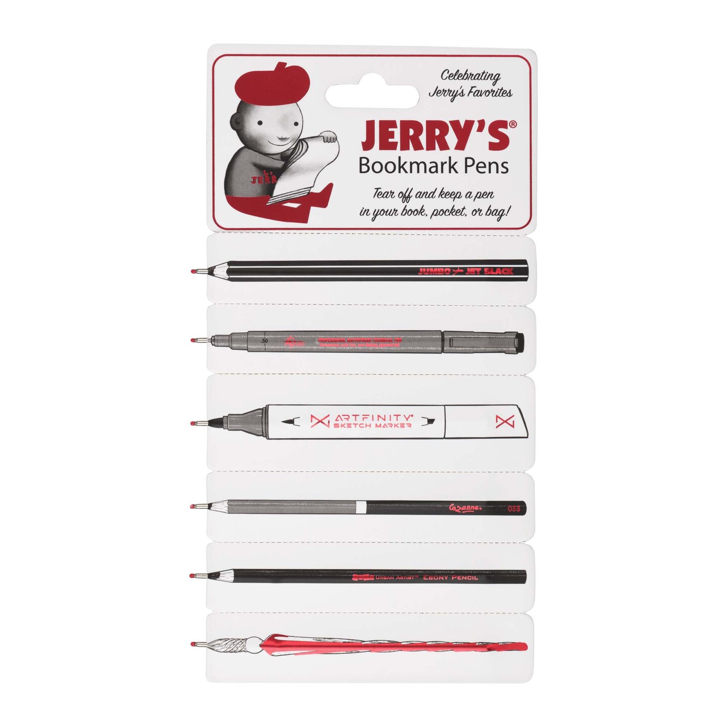 Jerry&#x27;s Artarama Bookmark Pen - Black Ballpoint Pen Set - 6 Slim, Lightweight Flat Edge Pens - Flat Pen for Book Lovers &#x26; Crossword Gifts - Perforated, Breakaway Design