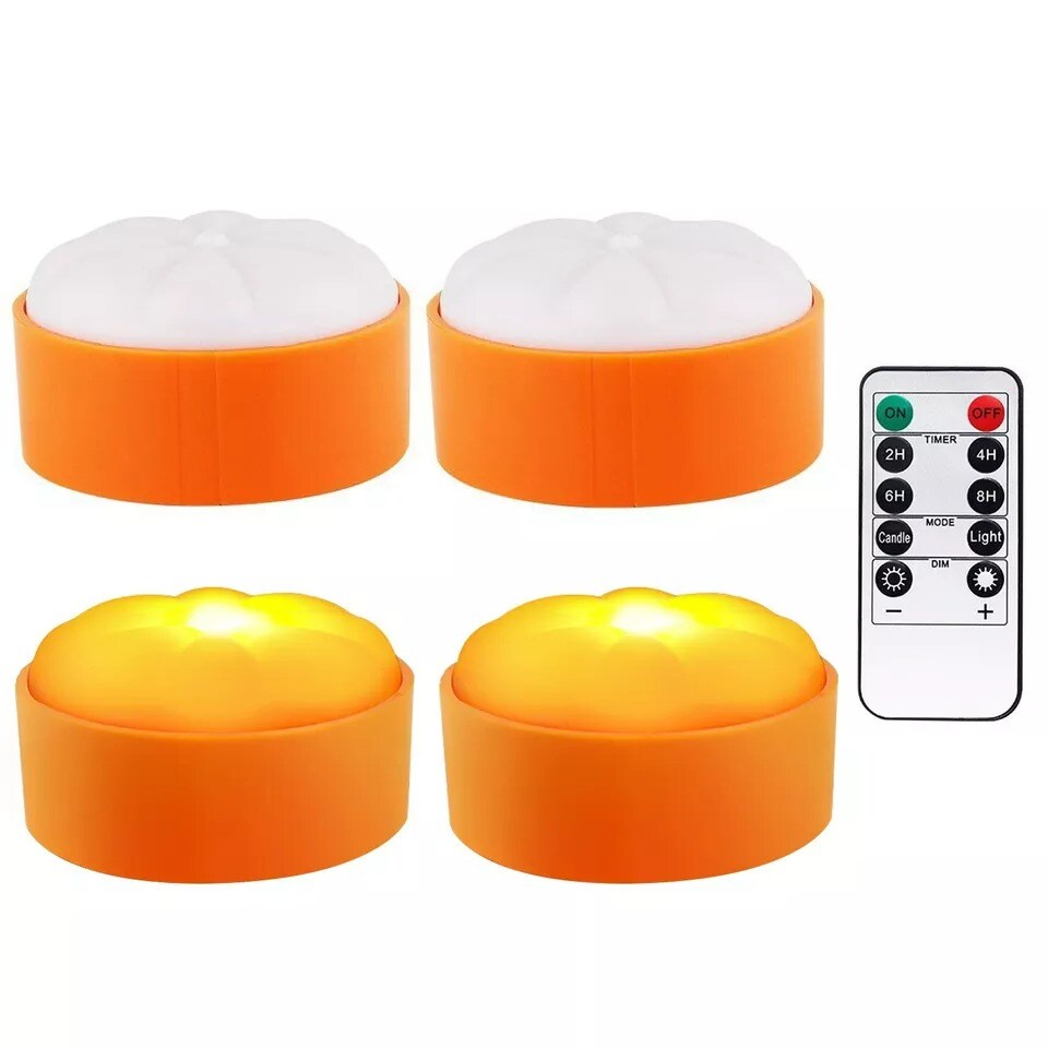 4x Halloween LED Tealights Pumpkin Warm Lights Battery Operate with Remote Timer