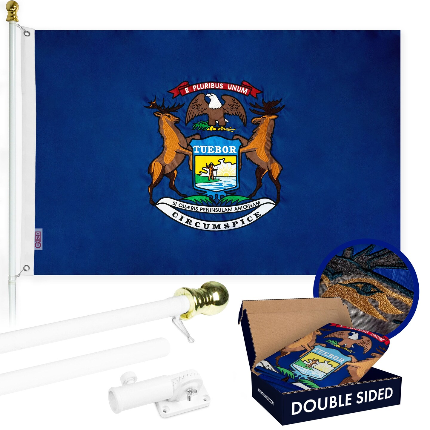 G128 - 6 Feet Tangle Free Spinning Flagpole (White) Michigan Double Sided Brass Grommets Embroidered 3x5 ft (Flag Included) Aluminum Flag Pole