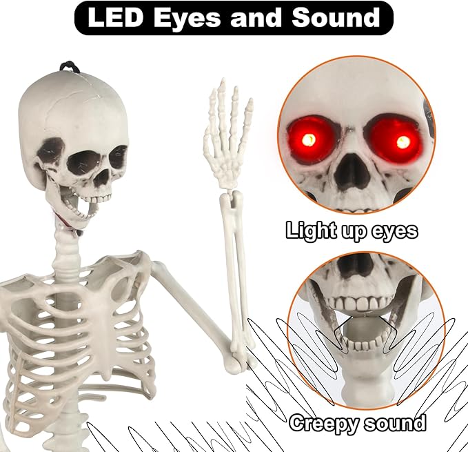 Halloween Hanging Posable Skeleton - 3FT Halloween Prop Skull with LED Glowing Eyes and Creepy Shrilling Sound - Sound Activated Outdoor Halloween Decorations Skeleton Decoration
