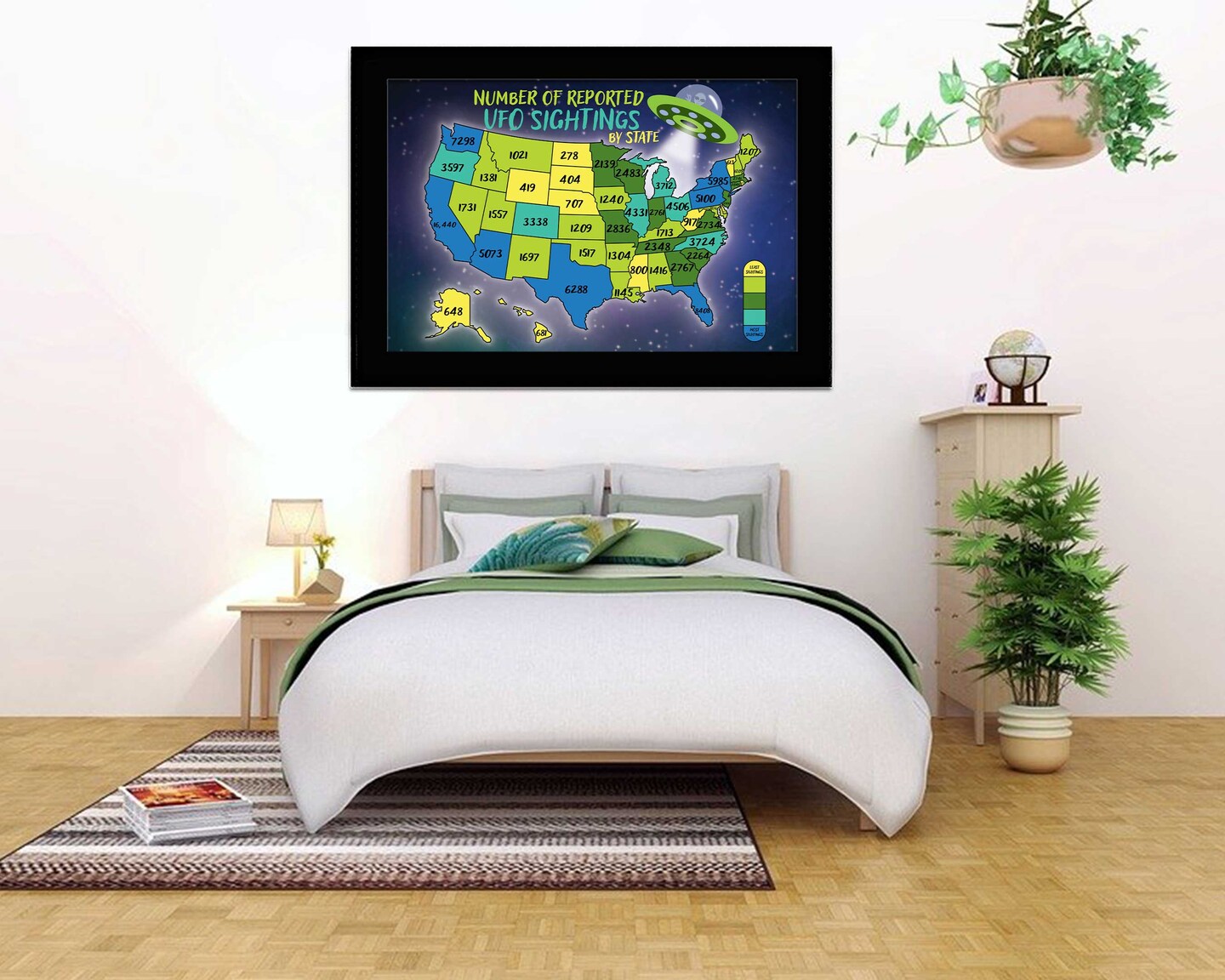 UFO Sightings Map Alien Art Print Flying Saucer UFO Wall Art Paranormal Extraterrestrial UFO Decor Ufologist Great Gift United States Map product 7