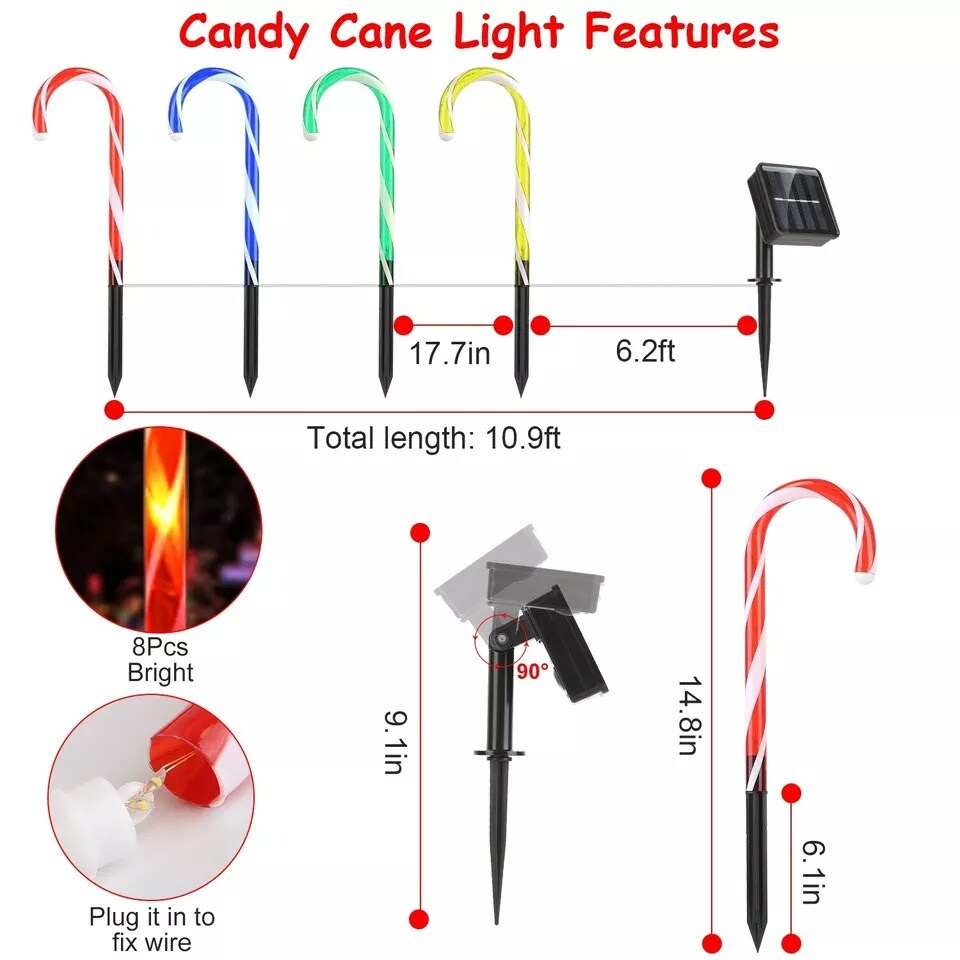 Solar Christmas Candy Cane Pathway Lights Waterproof Outdoor Walkway Lighting
