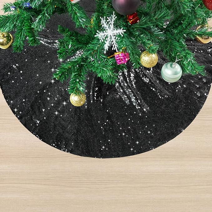 Sequin Tree Skirt for Christmas 36 Inch Black Sparkly Halloween Decoration Thick Satin Backing