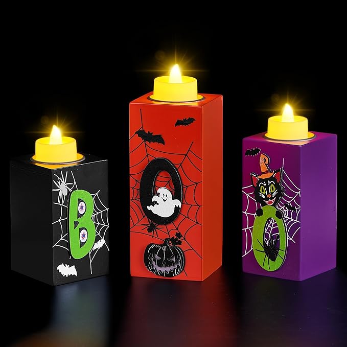 3 PCS Halloween Wood Candle Holders with LED Tea Lights &#x26; 3D Carving Craft, Wood Candle Centerpieces for Home, Table, Office, Tiered Tray, D&#xE9;cor, Black Orange Purple