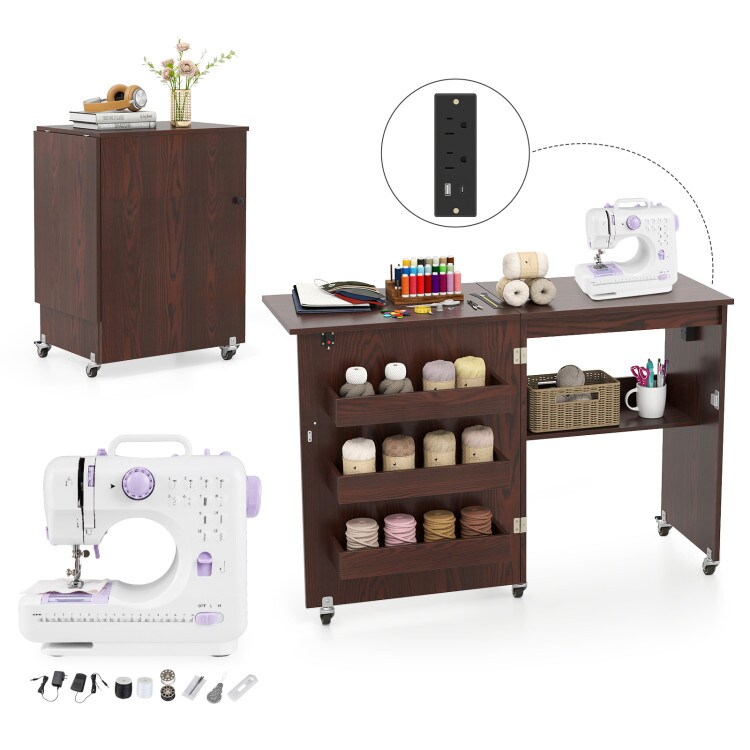 Portable Mobile Folding Sewing Cabinet with USB Charging Port and Multi-Tier Storage