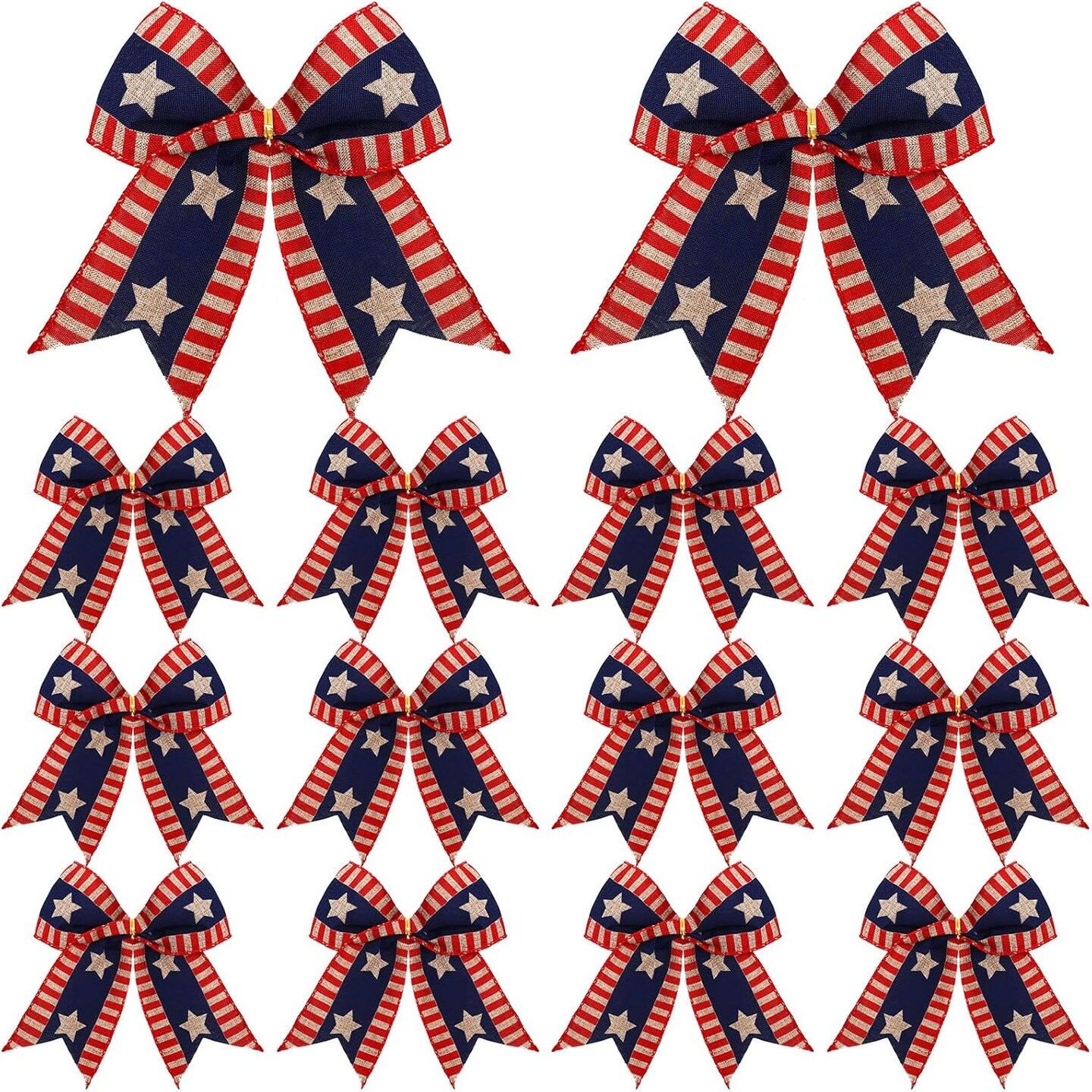 12 PCS 4th of July Patriotic Bows – 6" Red, White & Blue Burlap Ribbon Bows with Stars & American Flag, 250th Anniversary, Independence Day, Memorial Day Door, Wall & Fence Decorations (Elegant Style)