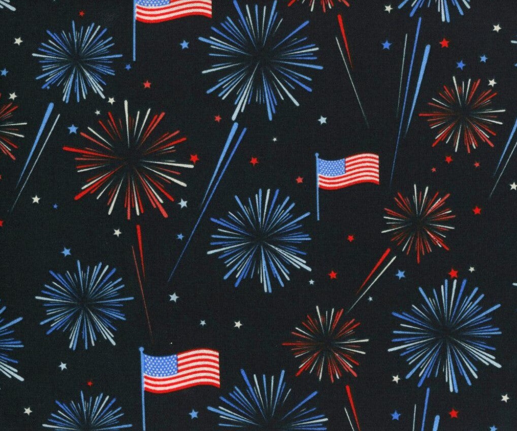 Patriotic Star Fireworks and Flags on Blue 100% Cotton Price per Yard