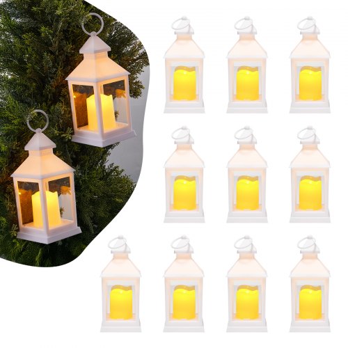 White Plastic & Glass LED Candle Lanterns Set of 12 with Flickering Lights