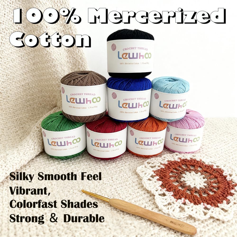 Crochet Thread Set – 8 Pearl 50g Balls, Size 10 Mercerized Cotton Lace Yarn for Hand Knitting, Crochet, and DIY Crafts