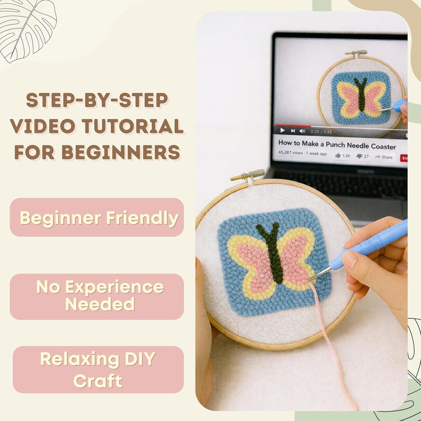 Punch Needle Kit for Beginners & Adults – DIY 6-Coaster Embroidery Set with Printed Fabric, Yarn, Needle, Hoop & Guide, Easy Craft Kit for Home Decor, Gifts & Relaxation