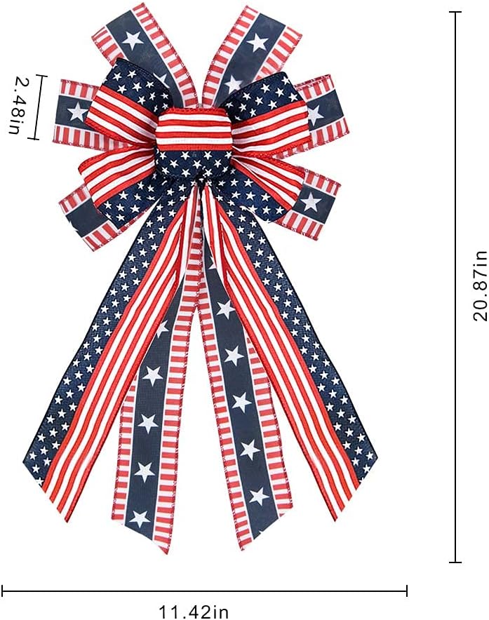 Large Patriotic Wreath Bow – Red, White & Blue Stars & Stripes Bow for Front Door, Memorial Day, 4th of July, Veterans Day, Indoor/Outdoor American Flag Holiday Decoration