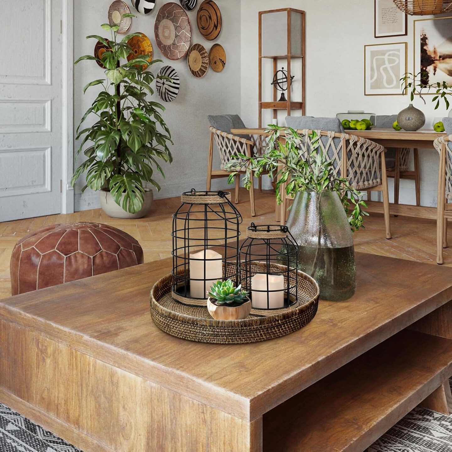 Farmhouse Lantern Set of 2 with LED Candles Rustic Boho Indoor Outdoor Table Decor