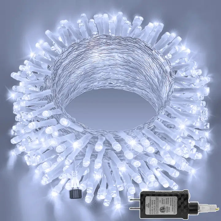 Ollny 200 LED 60ft Cool White Connectable String Lights (Clear Cable, Plug in, 8 Modes)