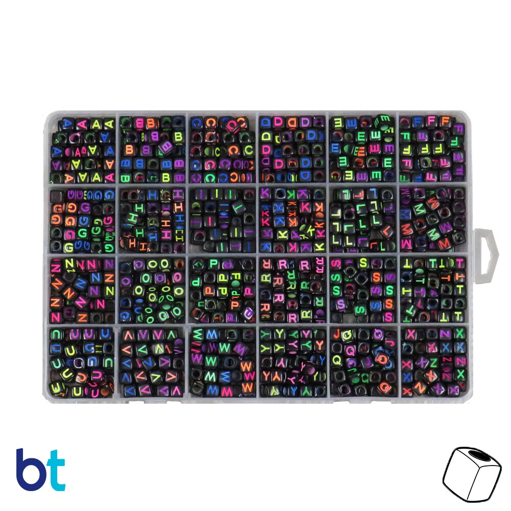 BeadTin Black Opaque 6mm Cube Alpha Beads - Colored Letters (Box Set)
