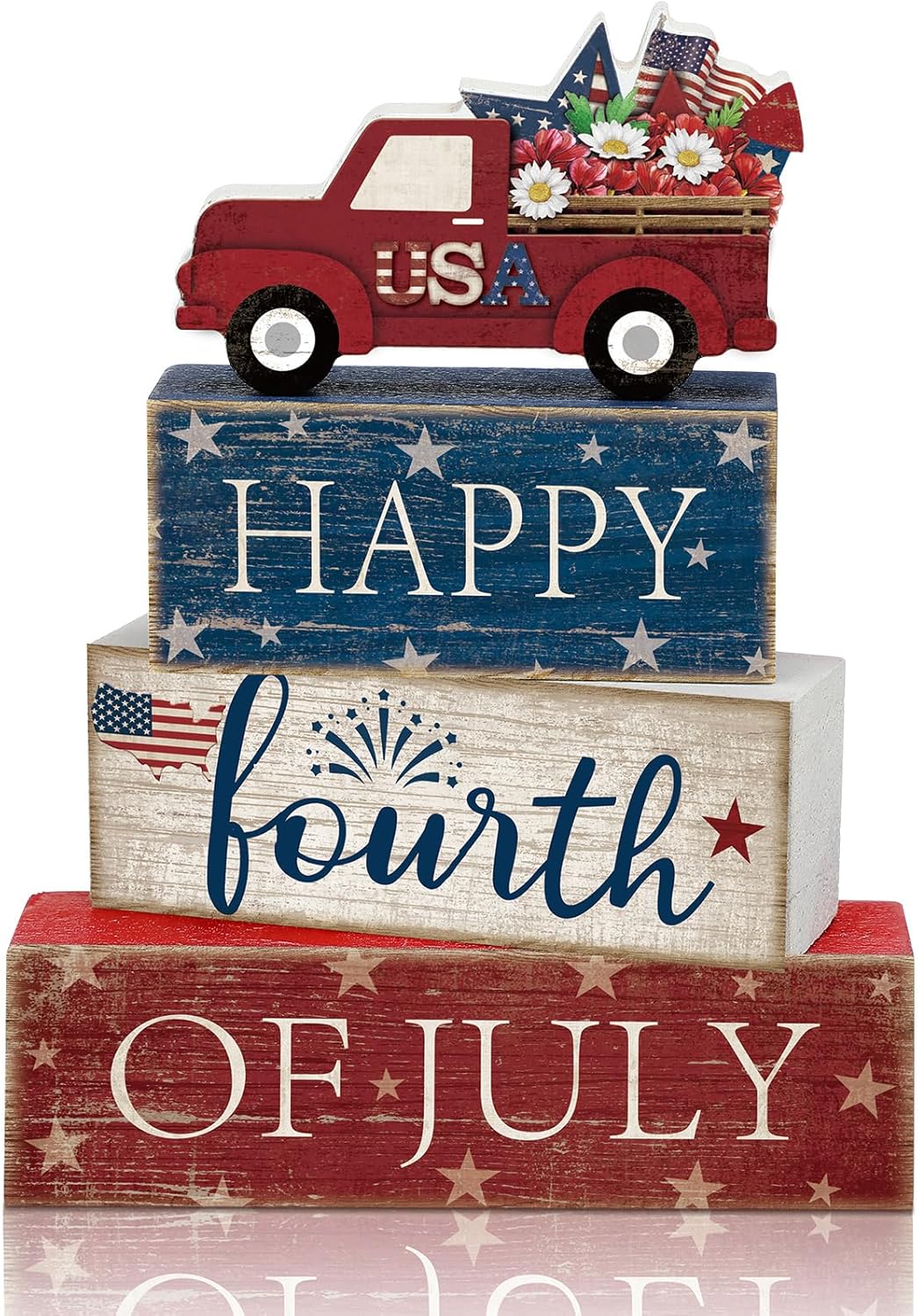 4th of July Tabletop Decorations, 4 Pcs Patriotic Red White Blue Tiered Tray & Shelf Décor – Memorial Day Centerpieces, Office, Home, 250th Anniversary Independence Day Car Accents